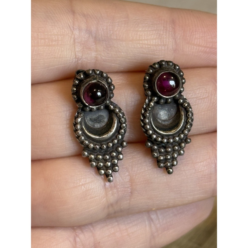 Vintage Sterling Silver‎ Garnet Stud Earrings 925 Beaded Drop 1" Oxidized
